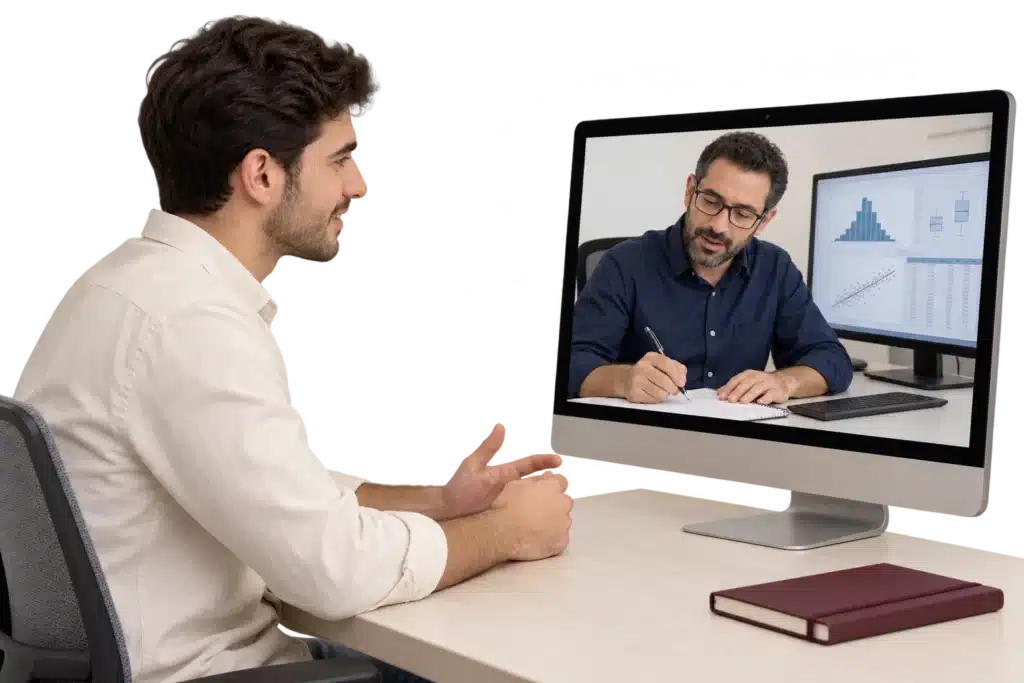 סטודנט ומלווה אקדמי במפגש אונליין לניתוח נתונים בתוכנת SPSS