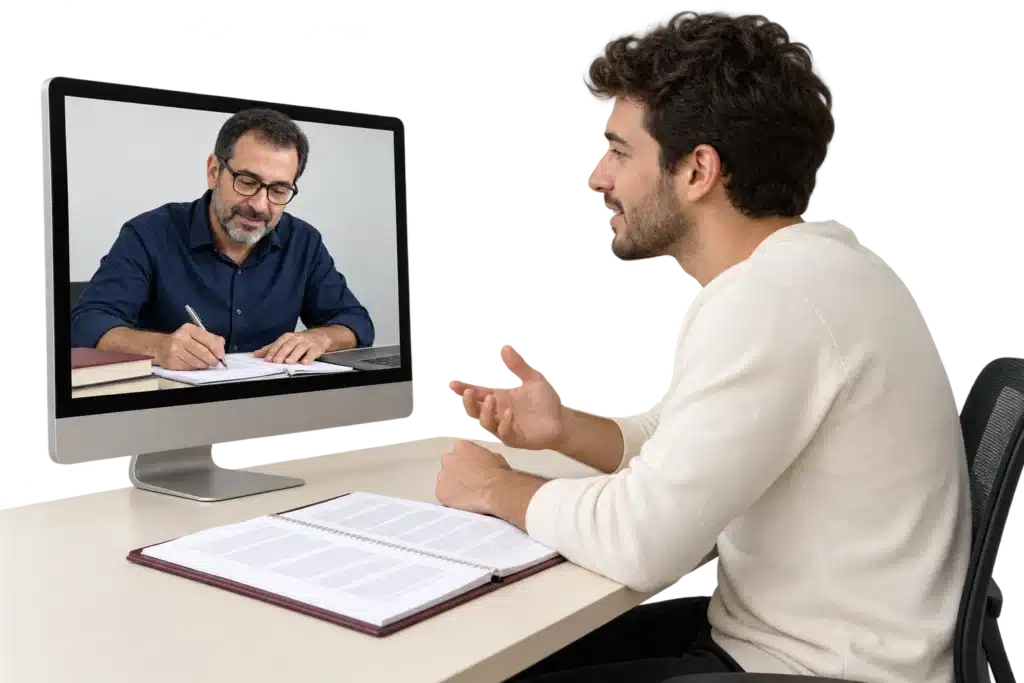 סטודנט ומלווה אקדמי במפגש אונליין לעבודה על סיכום מאמרים