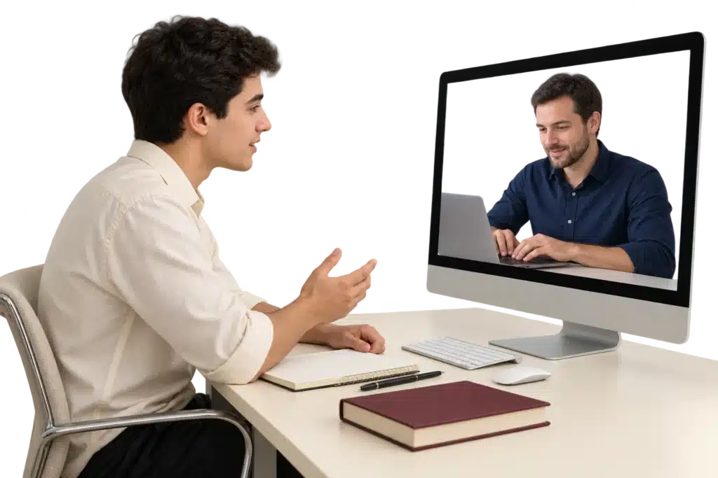סטודנט מדבר עם מלווה אקדמי המקליד במחשב במהלך עבודה על סמינריון