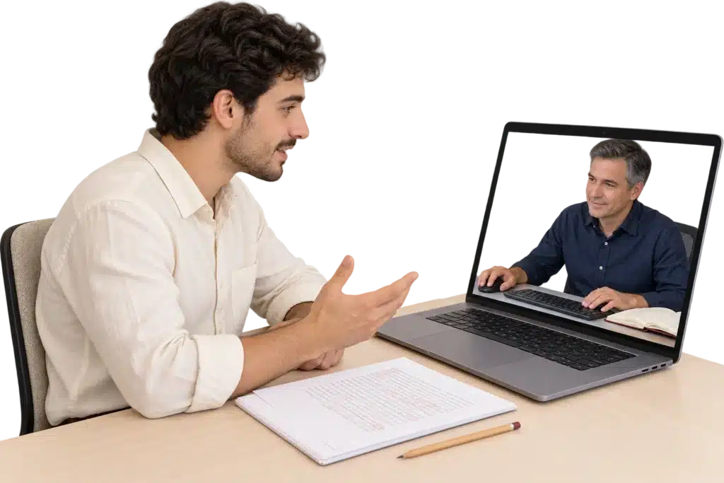 מלווה אקדמי עובד על עריכה לשונית בזמן שהסטודנט מדבר במפגש אונליין
