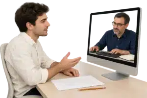 סטודנט ומלווה אקדמי במפגש אונליין לעריכה לשונית בעברית