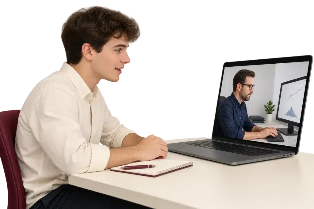 סטודנט משוחח עם מלווה אקדמי העובד על ניתוח סטטיסטי במסך המחשב