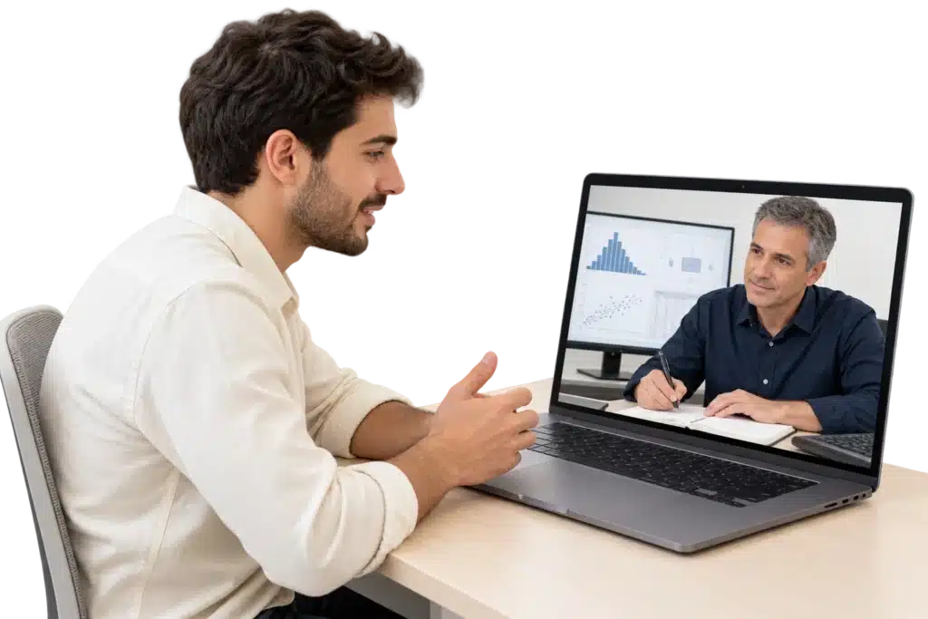 ניתוח סטטיסטי של שאלונים סטודנט משוחח עם מלווה אקדמי המנתח שאלונים ונתונים במפגש אונליין