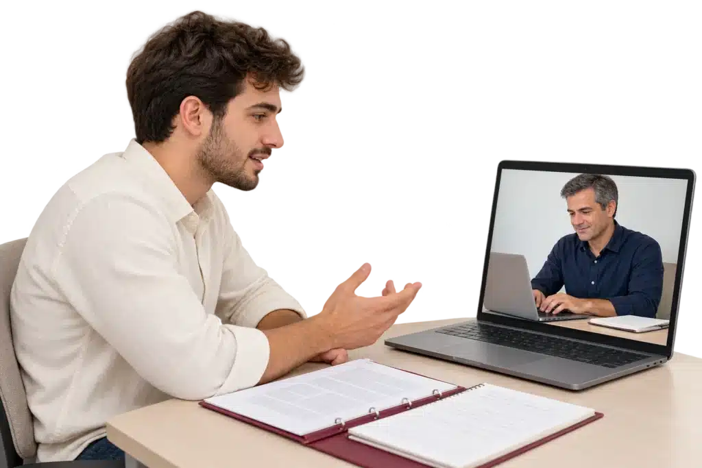 סטודנט משוחח עם מלווה אקדמי במסך המחשב במהלך סיכום מאמרים