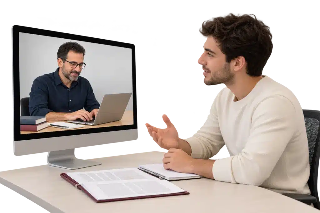 סטודנט ומלווה אקדמי עובדים במפגש אונליין על סיכום מאמרים בצורה יעילה