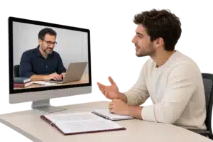 סטודנט ומלווה אקדמי עובדים במפגש אונליין על סיכום מאמרים בצורה יעילה