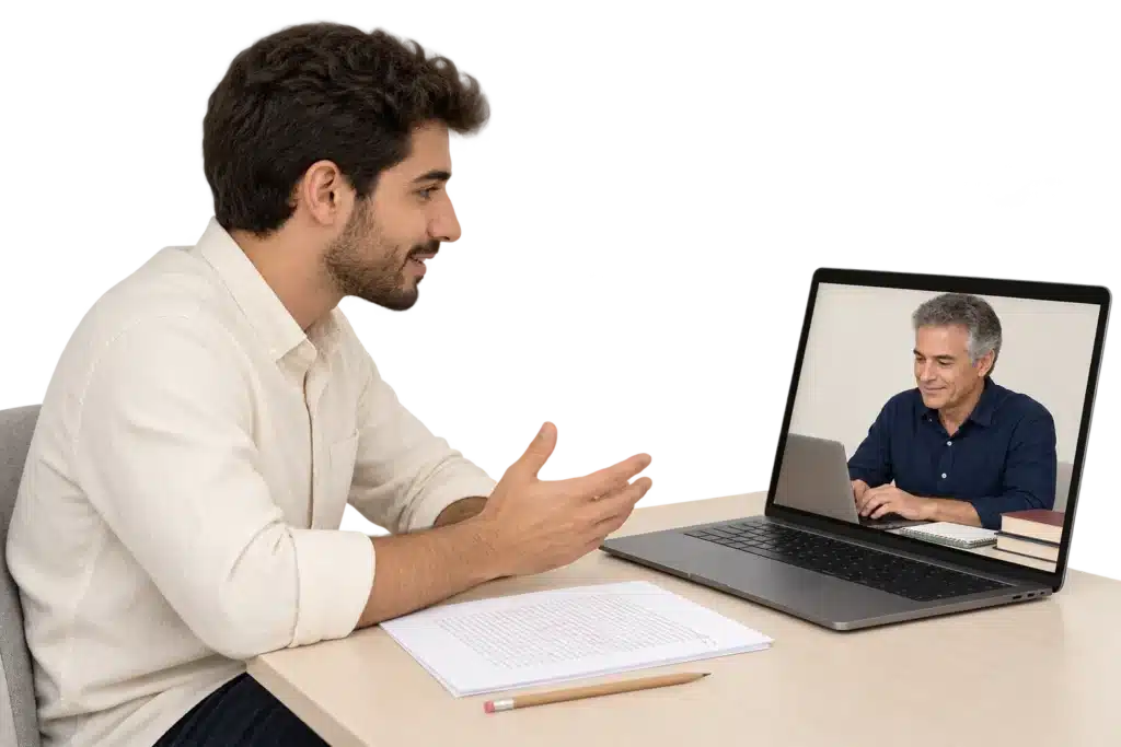 עריכת עבודות אקדמיות סטודנט משוחח עם מלווה אקדמי העורך את העבודה על מסך המחשב